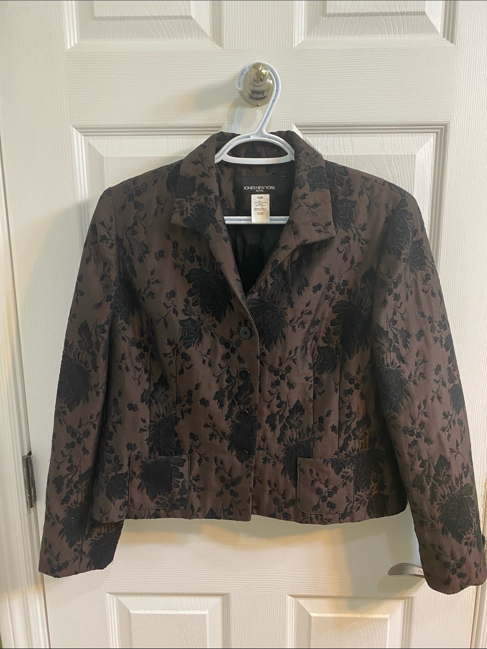 Vintage Jones New York Women's Brown Black Floral Brocade Blazer Jacket Size 12P